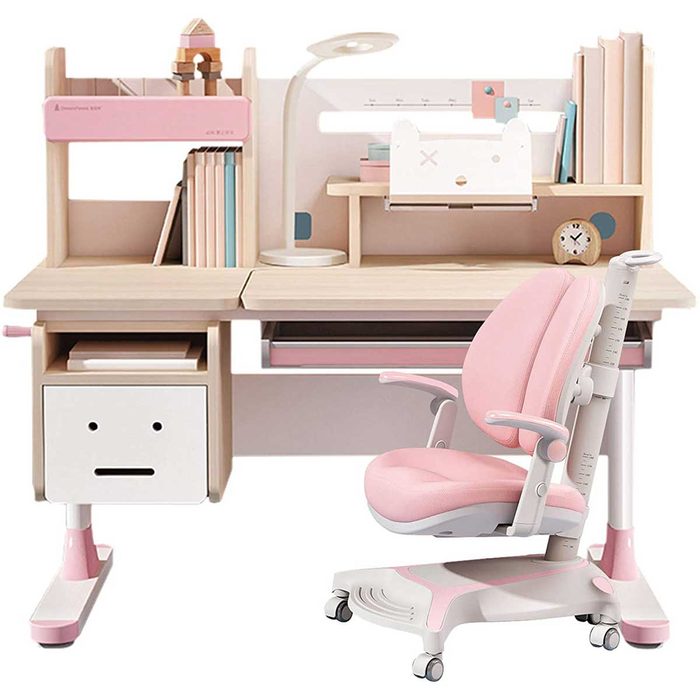 A wooden desk with a pink chair features books, a lamp, and a drawer, placed in a well-organized workspace for study or work.