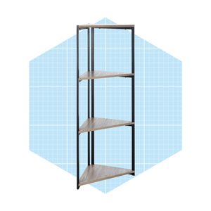 A triangular shelf unit stands upright, displaying four wooden shelves framed in black metal, set against a light blue geometric background.