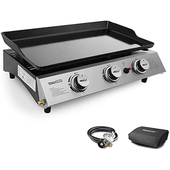 A stainless steel gas griddle with two adjustable knobs sits on a black base. It includes a grease-catching tray and a propane connection hose.