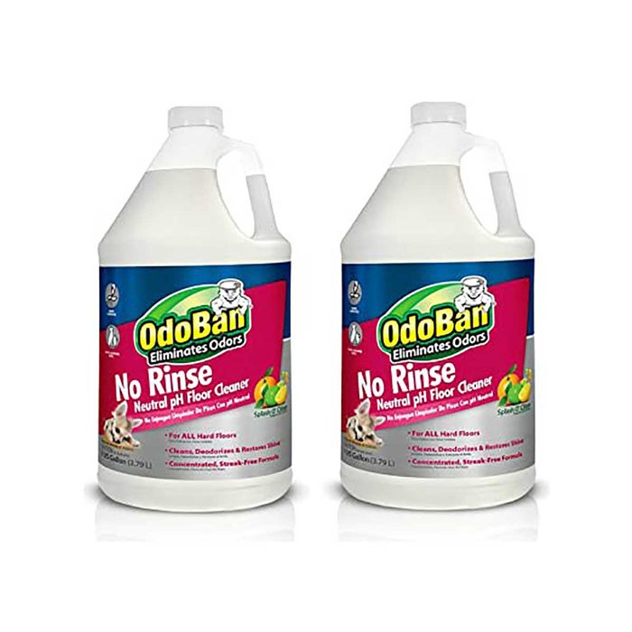 Two bottles of OdoBan floor cleaner sit side by side. They eliminate odors with a no-rinse formula for all hard floors, featuring vibrant packaging and a handle.