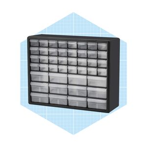 A vertical storage unit with numerous transparent drawers is organized for storing small items, set against a pale blue grid background.