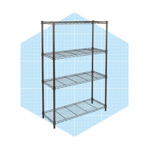 A metal shelving unit stands with four open shelves, positioned against a light blue grid background, providing organized storage space for various items.