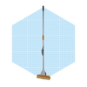 A long-handled cleaning tool stands upright, with a sponge-like head at the bottom, set against a light blue grid background.
