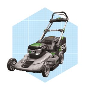 A grey and green electric lawn mower is displayed, featuring a battery compartment and wheels, set against a light blue graph-paper background.
