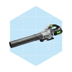 A handheld leaf blower rests horizontally with a gray body and black tube, set against a light blue grid background.