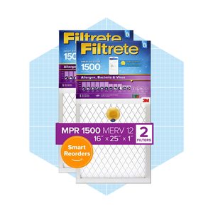 Two air filters are displayed, labeled for allergen removal and smart features, set against a light blue geometric background.