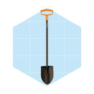 A black shovel stands upright with an orange handle against a light blue grid-patterned background, suggesting a gardening or landscaping context.