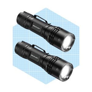 Two black flashlights are positioned above one another, showcasing their light-emitting ends, set against a light blue grid background.