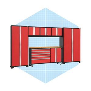 A red and black garage storage unit provides organized space with cabinets and a workbench, set against a light blue grid background.