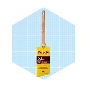 A paintbrush with a wooden handle and a label, designed for various paints and stains, is centered against a light blue geometric background.