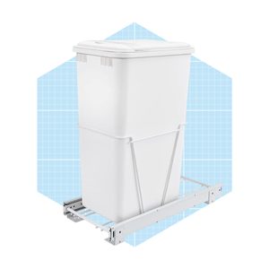 A white trash bin is mounted on a sliding metal frame, set against a light blue grid background.