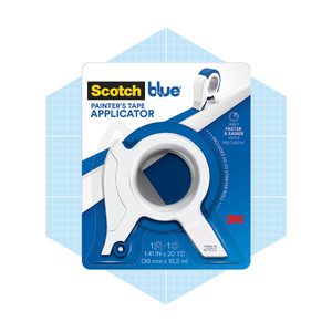 A painter's tape applicator is displayed prominently, designed to dispense tape efficiently. It is packaged in a blue and white format against a light grid background.
