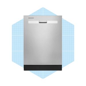 A stainless steel dishwasher stands upright, highlighted against a light blue grid background, emphasizing its modern design and clean lines.
