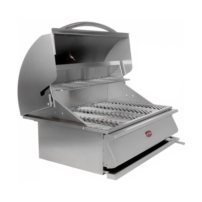 A stainless steel gas grill stands open, showcasing two cooking grates inside. It is designed for outdoor cooking, featuring ventilation and a sleek finish.