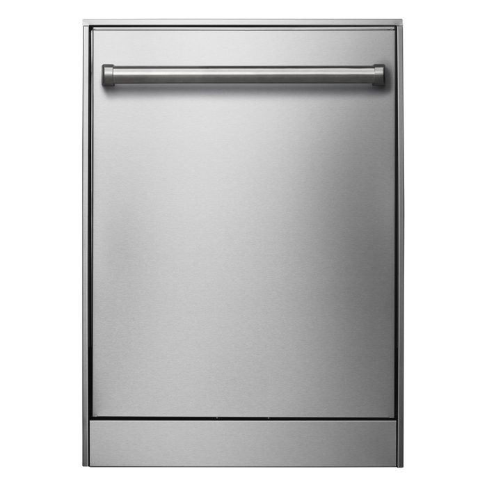 A stainless steel dishwasher stands upright, featuring a horizontal handle. It appears sleek and modern, suited for a kitchen environment.