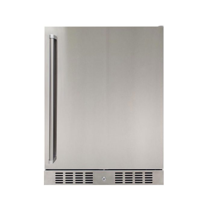 A stainless-steel refrigerator stands upright, featuring a side handle, with vents at the bottom, set against a plain background.