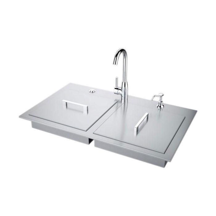 A modern sink features two compartments, each with a handle, and a sleek faucet center. It has a minimalist design suitable for contemporary kitchens.