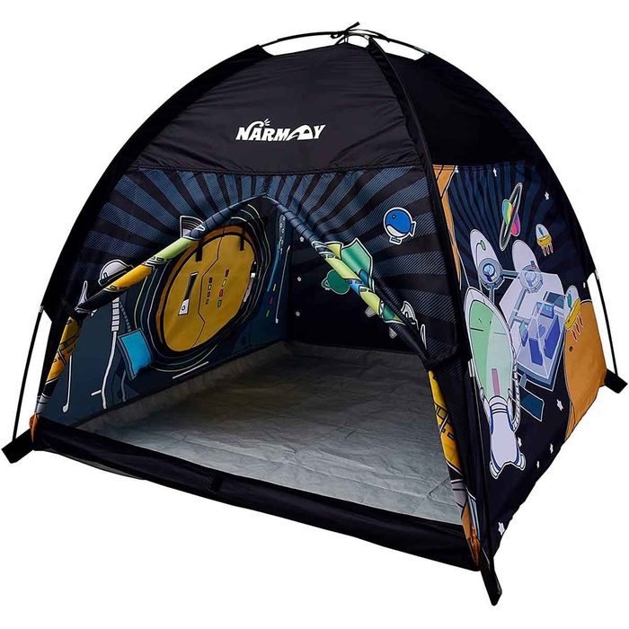 A colorful pop-up tent features space-themed graphics, set inside with a simple floor, ready for use in outdoor adventures or playtime.