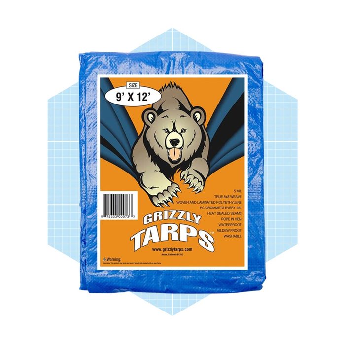 A blue tarp with a bear illustration is displayed. It features specifications, including size, material details, and a website, set against a geometric background.