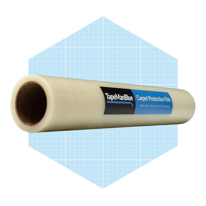 A roll of carpet protection film, labeled 