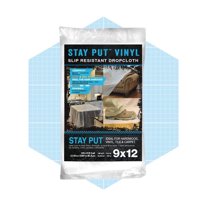 A vinyl drop cloth package displays its features—leakproof, ideal for hard surfaces—against a light blue geometric background. The size is 9x12 feet.