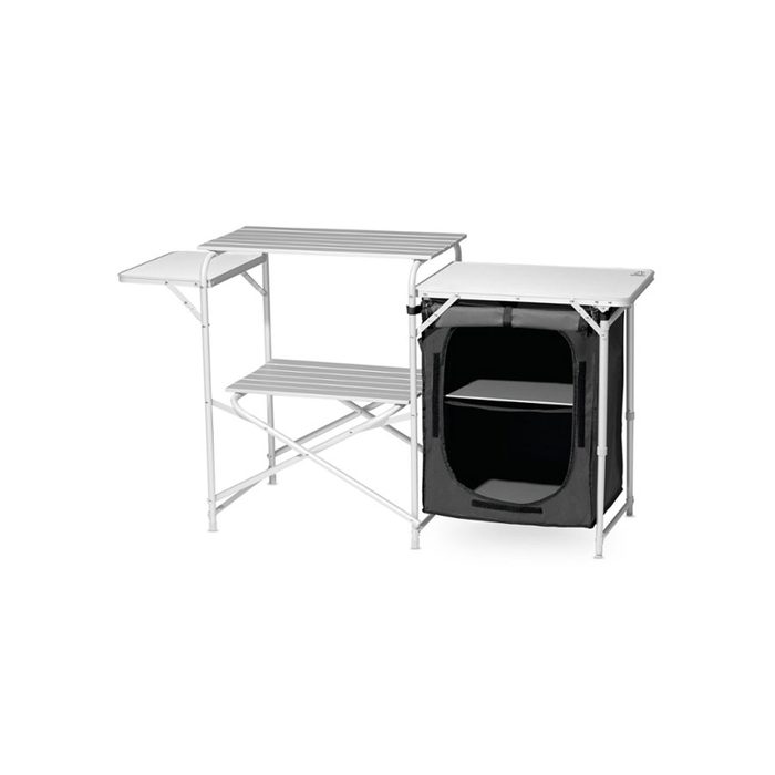 A portable kitchen unit features multiple shelves and a fabric storage compartment, designed for outdoor cooking and food preparation in various environments.