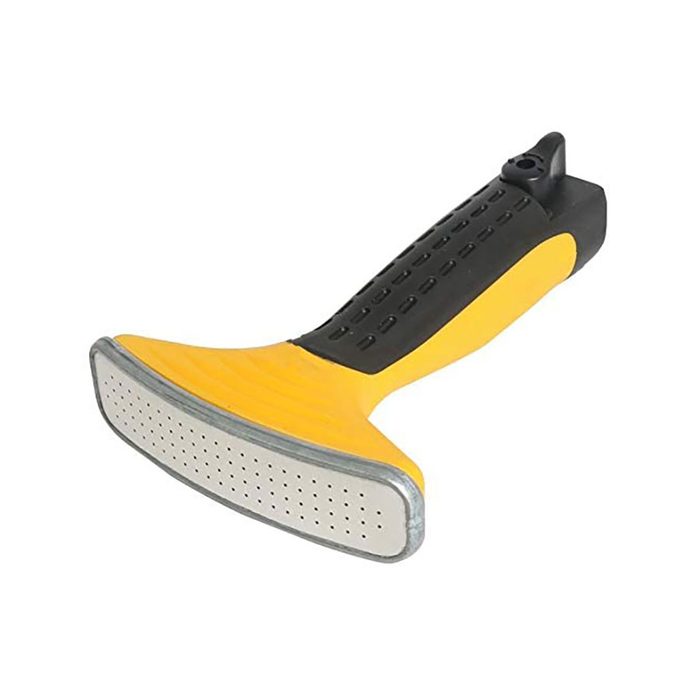 A handheld tool with a yellow rubber grip and a metallic scraping edge is positioned against a neutral background, designed for cleaning surfaces.