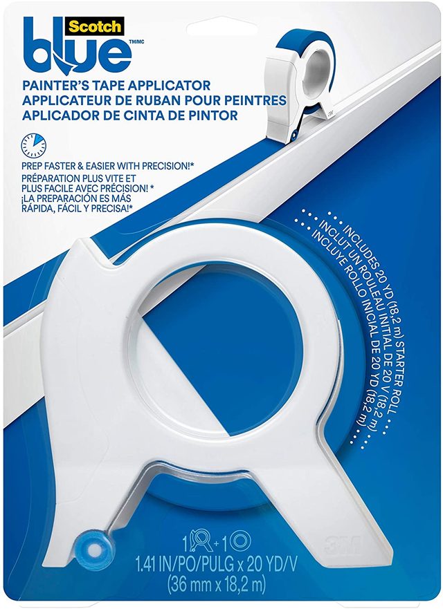 A painter's tape applicator is displayed, facilitating tape application for painting tasks, surrounded by packaging that highlights features and specifications.