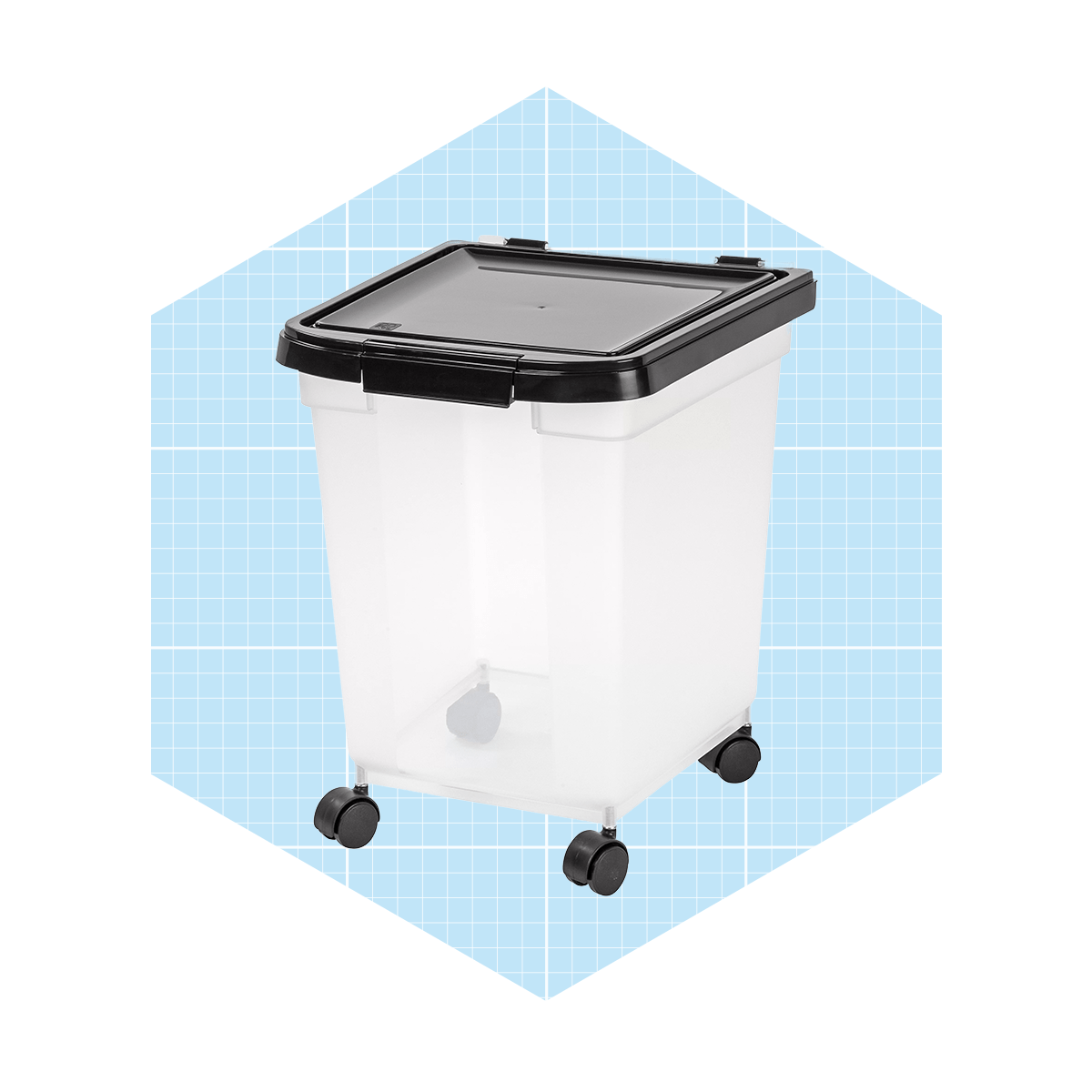 A clear storage bin with a black lid and wheels sits against a light blue grid background, ready for organizing items efficiently.