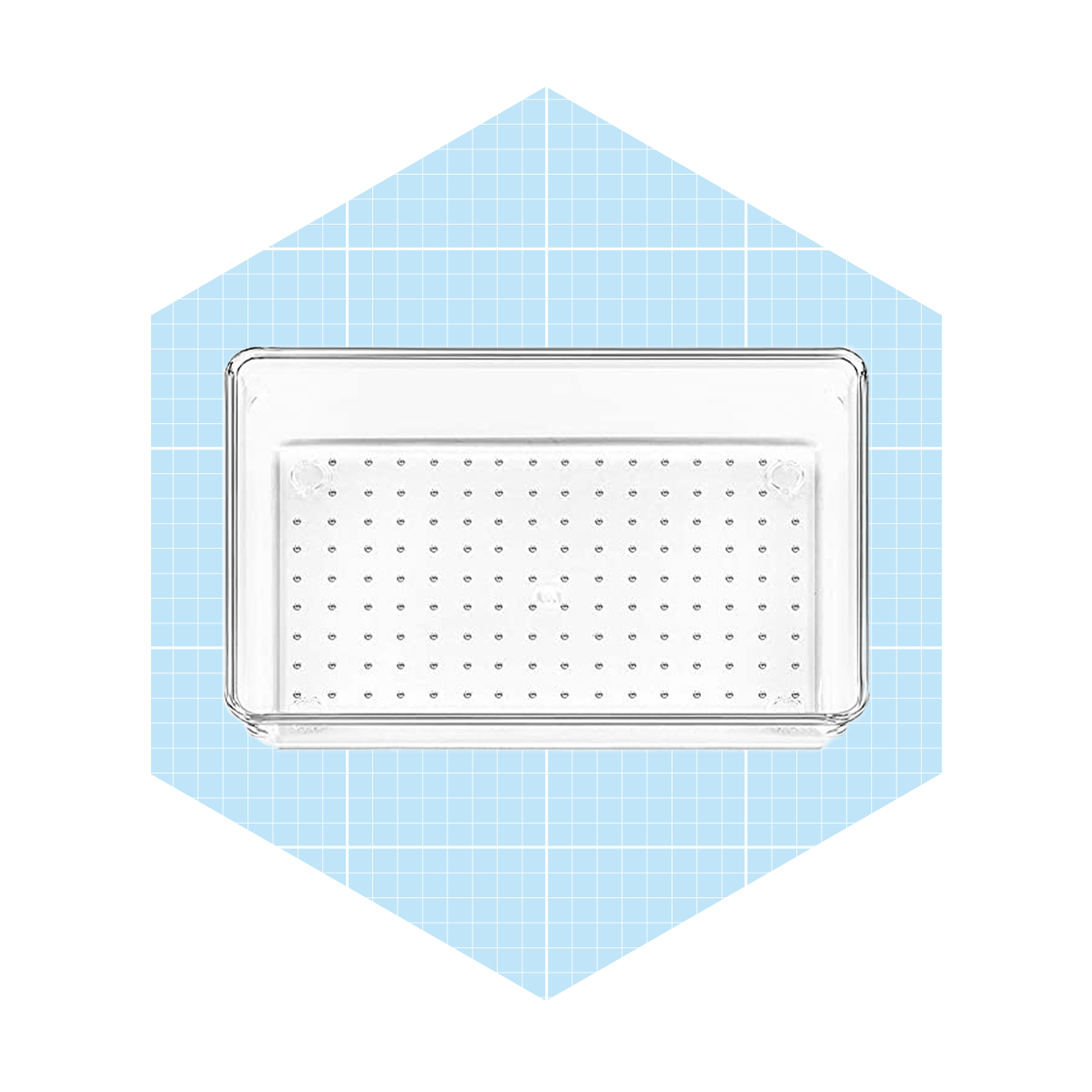 A transparent rectangular container with a perforated bottom rests on a light blue grid-patterned background, suggesting use for draining or straining items.
