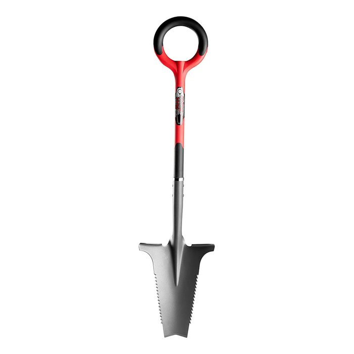 A shovel with a serrated edge stands upright. Its handle features a circular grip, and the color scheme combines red and black, emphasizing its utilitarian design.
