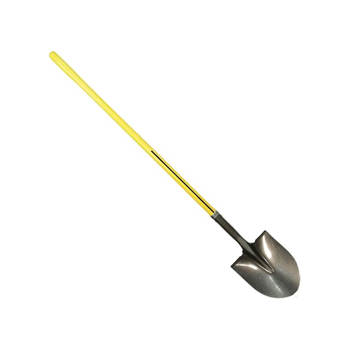 A shiny metal shovel with a yellow handle lies flat, ready for use in gardening or construction tasks, against a plain white background.