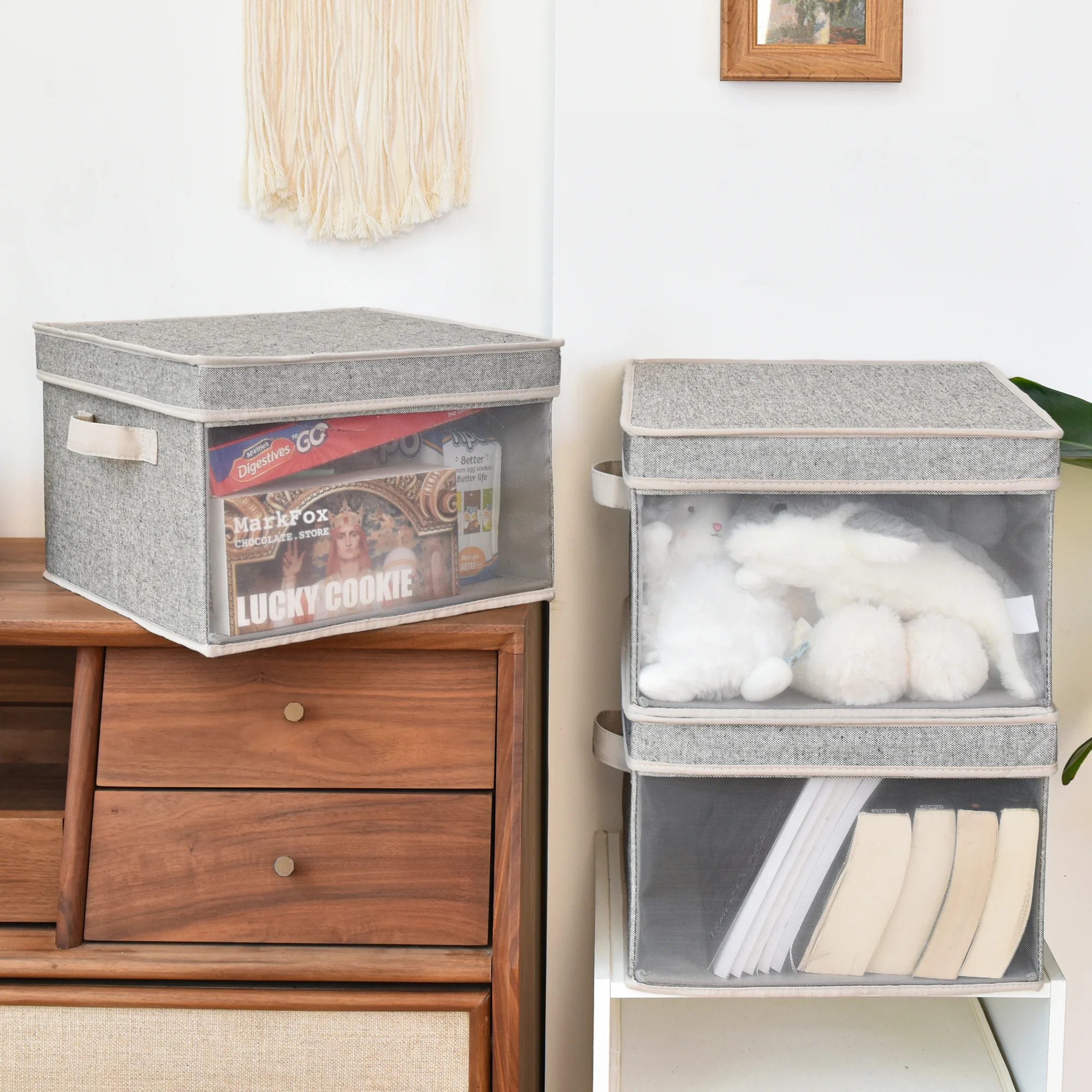 Two gray storage boxes containing various items sit atop a wooden dresser, surrounded by a light-colored wall and a potted plant.