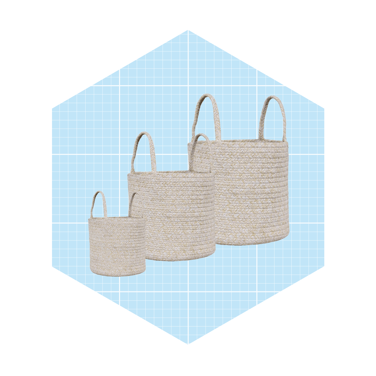 Three woven storage baskets of varying sizes are displayed against a light blue grid background. They feature handles for easy carrying.