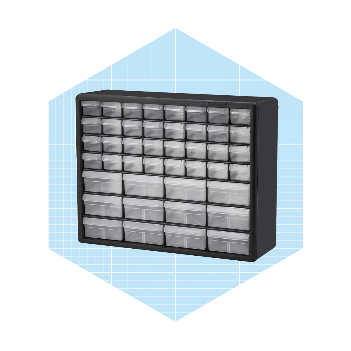 A storage organizer with multiple transparent drawers holds various small items, set against a light blue grid-patterned background.