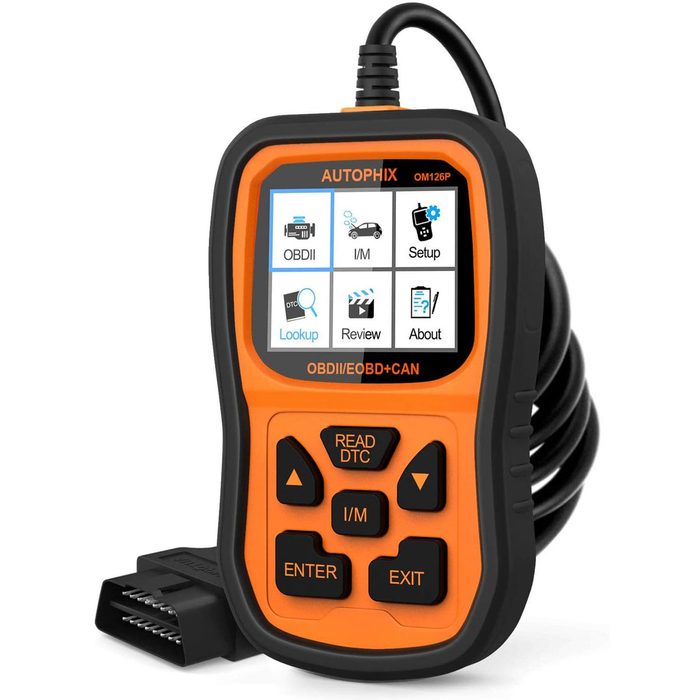 A handheld OBD-II scanner displays diagnostic options on its screen while connected to a vehicle's diagnostic port via a flexible cable.