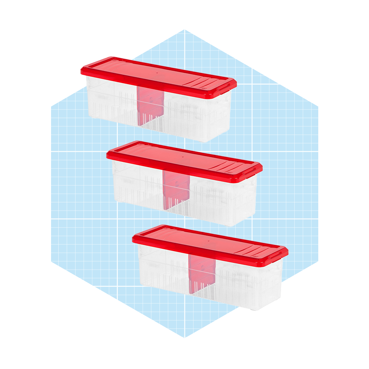 Three clear storage containers with red lids are stacked vertically against a light blue geometric background, suggesting organization and storage solutions.
