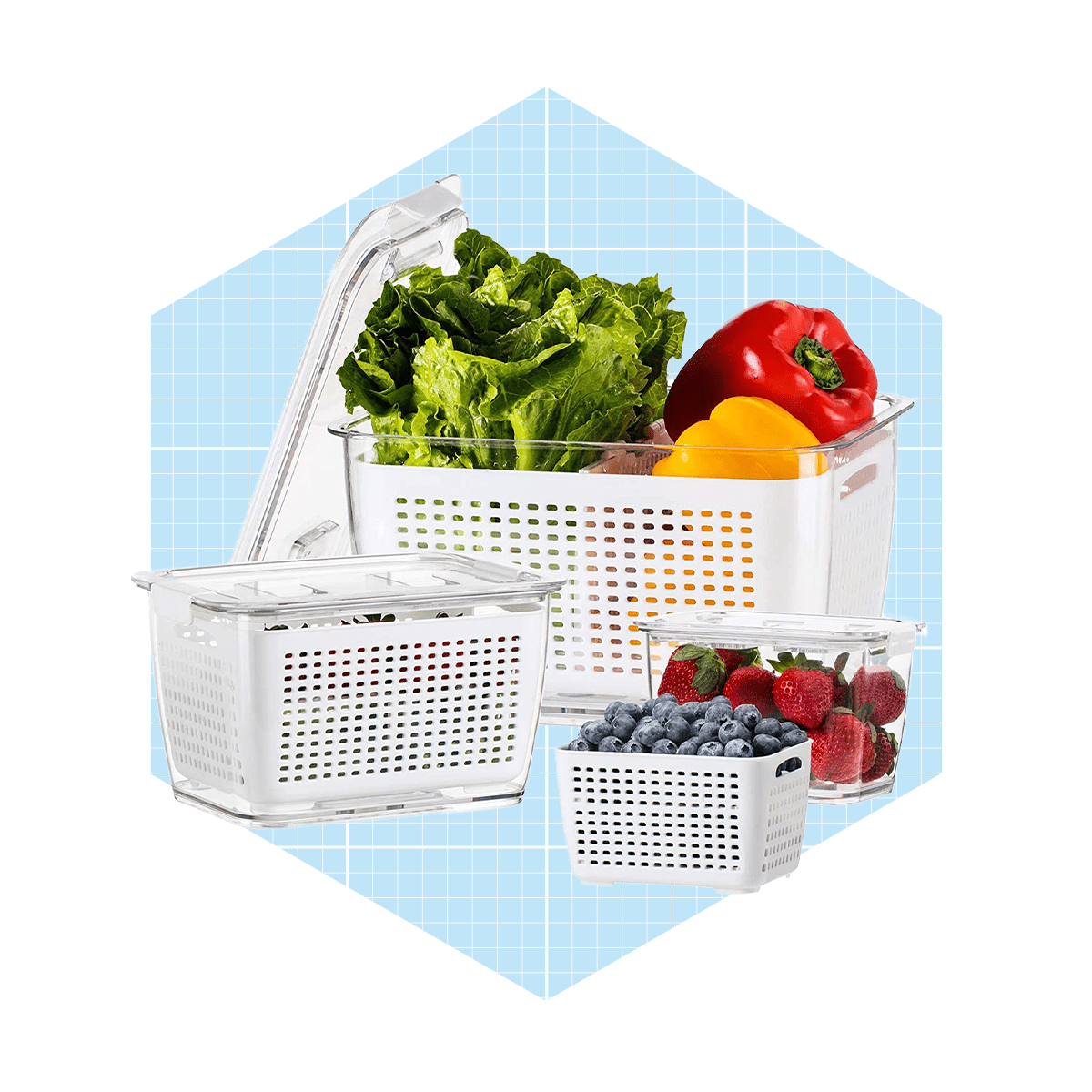 Transparent storage bins hold various fresh produce, including leafy greens, peppers, and berries, set against a light blue grid background.