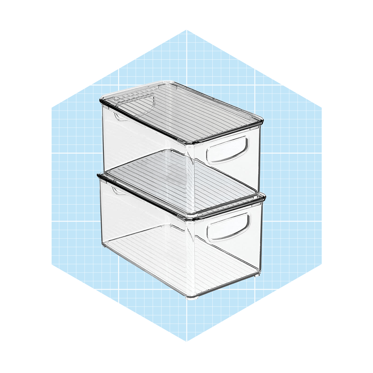 Two transparent storage bins are stacked, each with a slatted top and handles, placed against a light blue grid background.