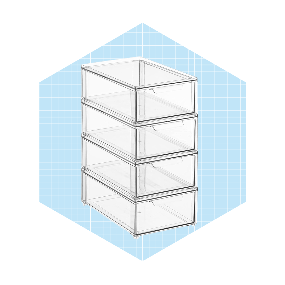 A stack of four transparent storage boxes organizes items, displayed against a light blue grid background, emphasizing order and accessibility.