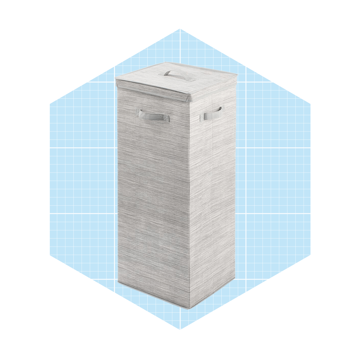 A tall, rectangular storage bin with a lid sits against a light blue grid background, designed for organizing items or laundry.