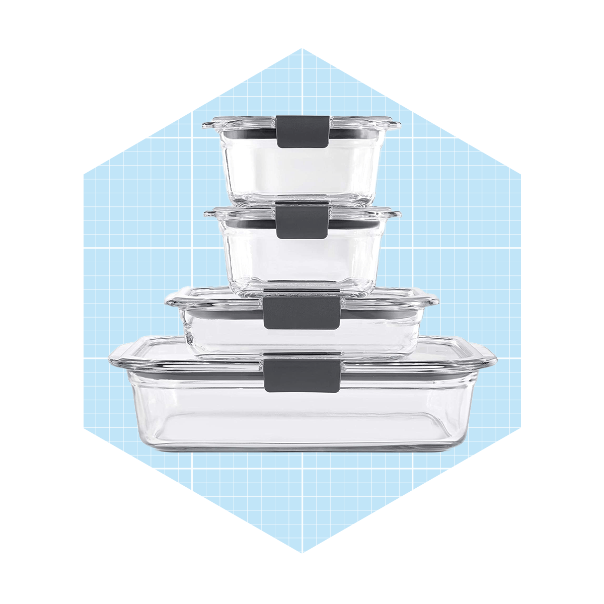 Stacked glass storage containers with gray lids rest on a blue grid background, showcasing various sizes for organizing food or other items.