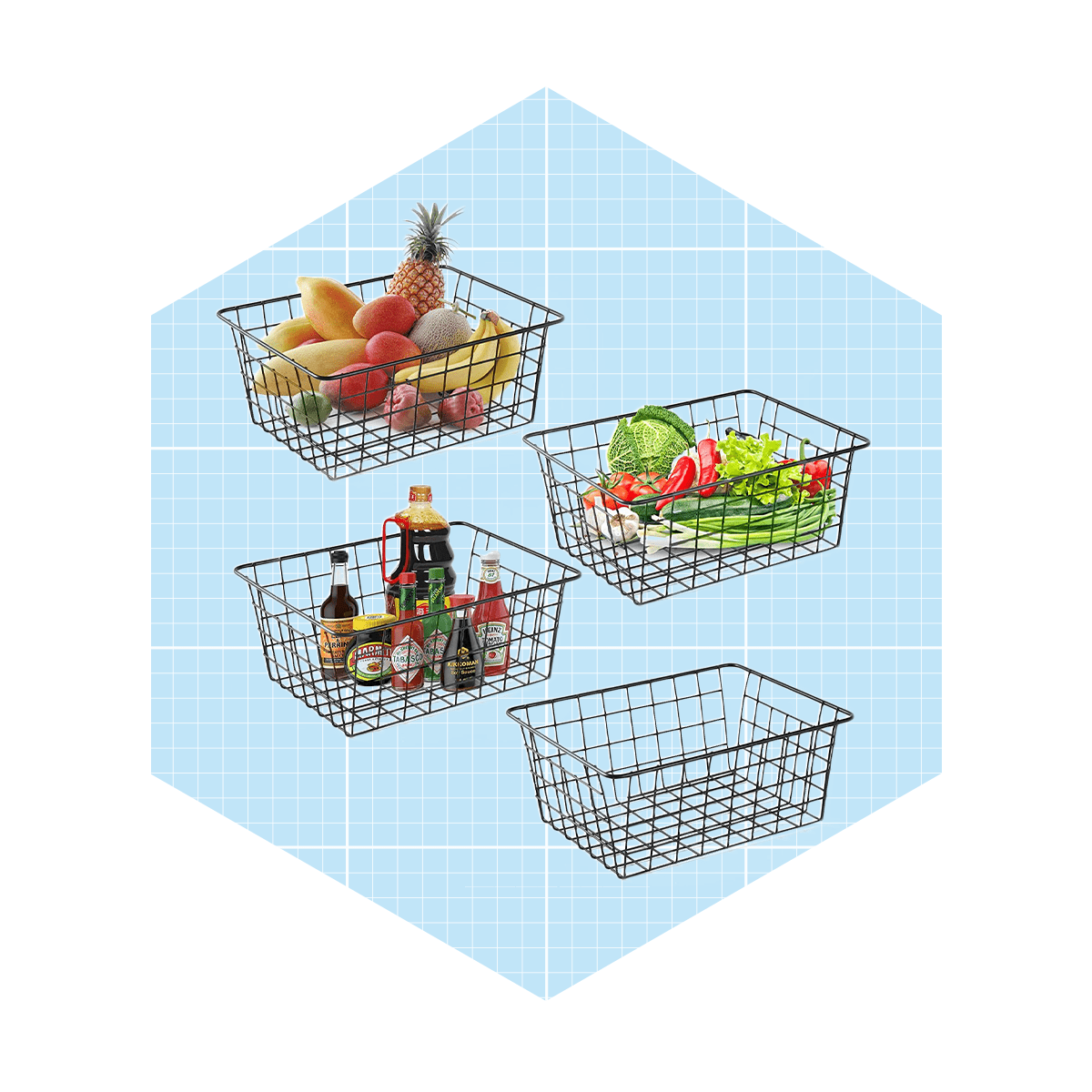 Four wire baskets hold various items: one with fruits, one with vegetables, one with beverages, and one is empty, set against a blue grid background.