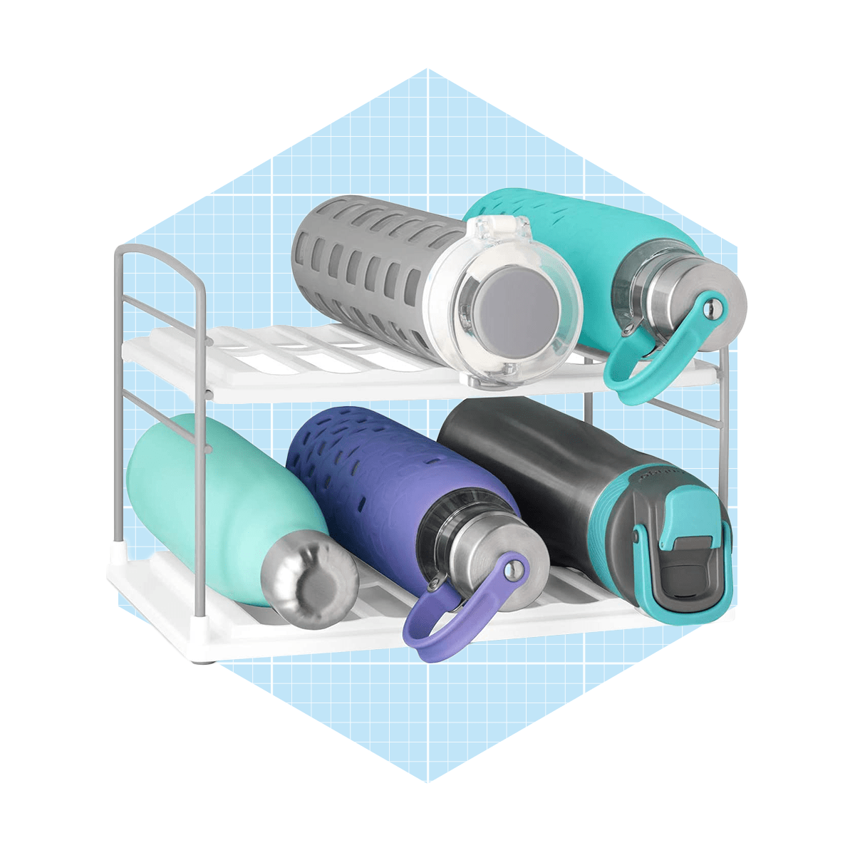 A shelf displays various colorful water bottles, some with straws and handles, organized neatly against a light blue grid background.