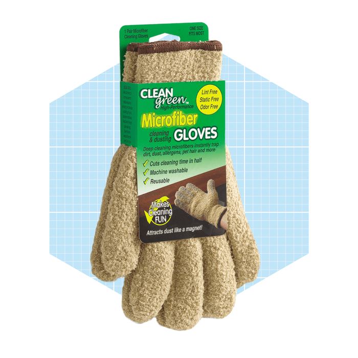 Microfiber cleaning gloves are displayed, designed to trap dirt and allergens efficiently. They're reusable, machine washable, and labeled as lint-free and odor-free.