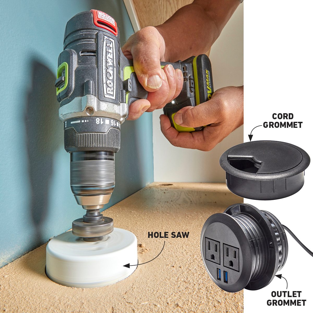 A person uses a drill with a hole saw to create a circular opening in wooden surface, surrounded by grommets for cords and outlets.