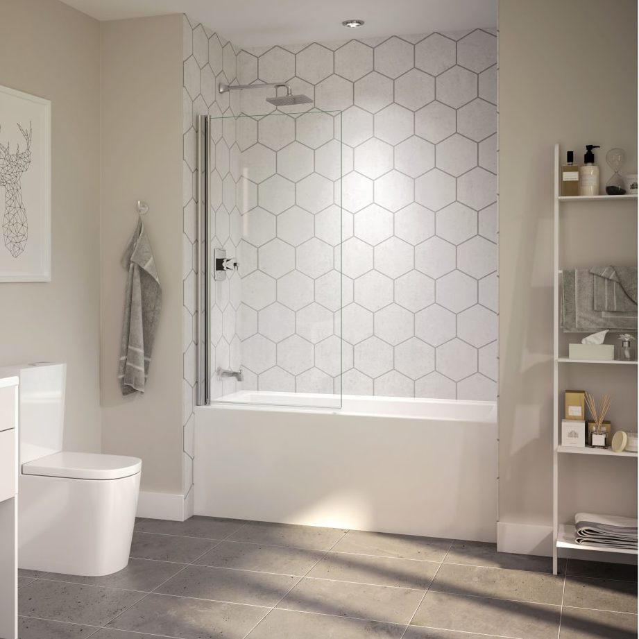 A modern bathroom features a glass shower beside a bathtub, hexagonal tiled wall, and a white toilet, with organized shelves displaying towels and toiletries.