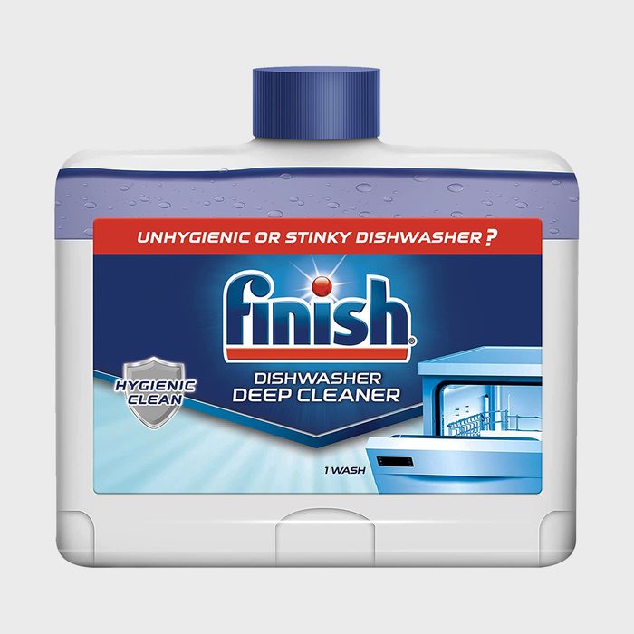 A container of Finish Dishwasher Deep Cleaner, labeled to address unhygienic dishwashers, designed for a hygienic clean in one wash.