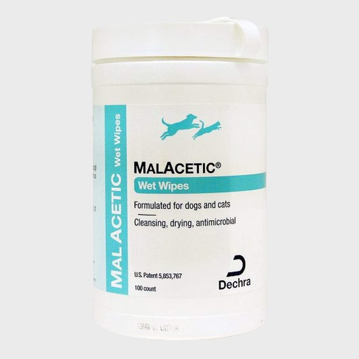A cylindrical container holds MalAcetic wet wipes, designed for pet care, indicating use for cleansing and antimicrobial purposes with 100 count.