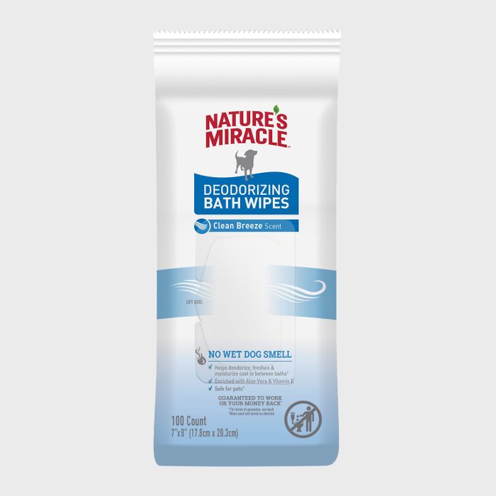 A packaged set of dog bath wipes displays a fresh scent. It offers odor elimination for pets, with 100 wipes included for convenient use.